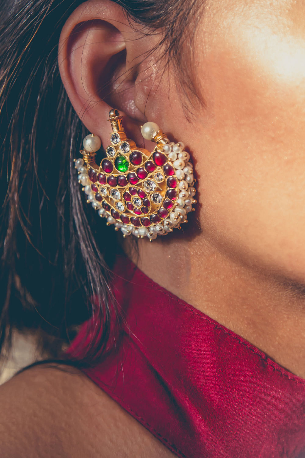 Kemp Stones With Pearls,Single Lined Flower Designer Temple&Dance Jhumka  Earrings Set By Online