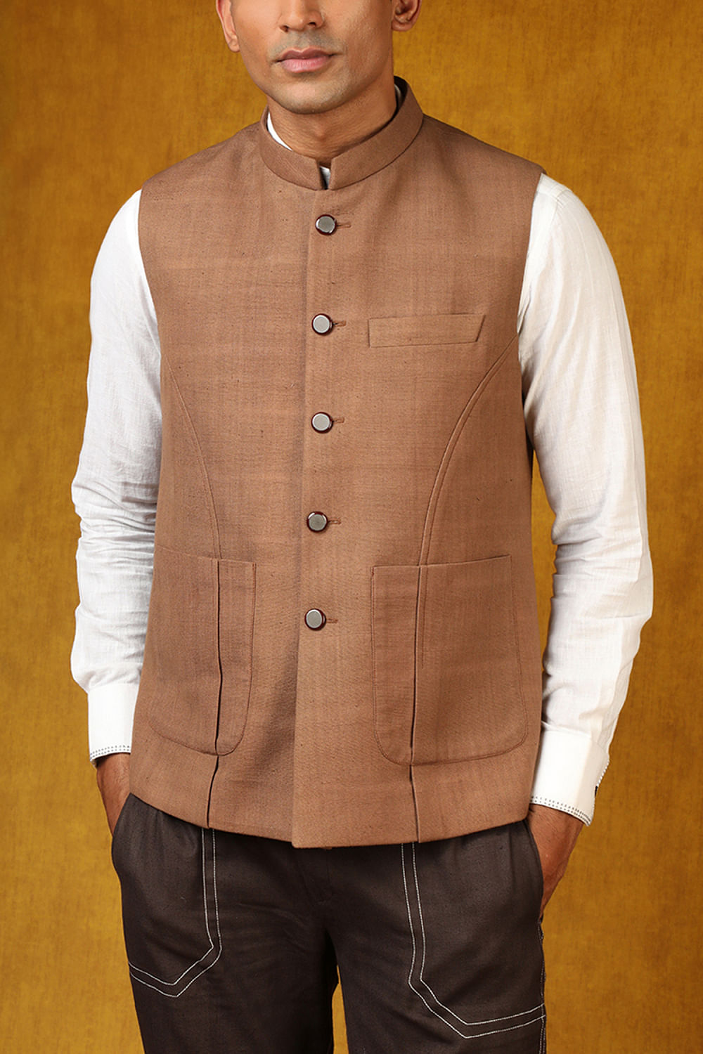 Buy Vastraa Fusion Men's Blended Bandhgala Festive Nehru Jacket/Waistcoat/ Vest - Khadi Fawn - Size-46 at Amazon.in