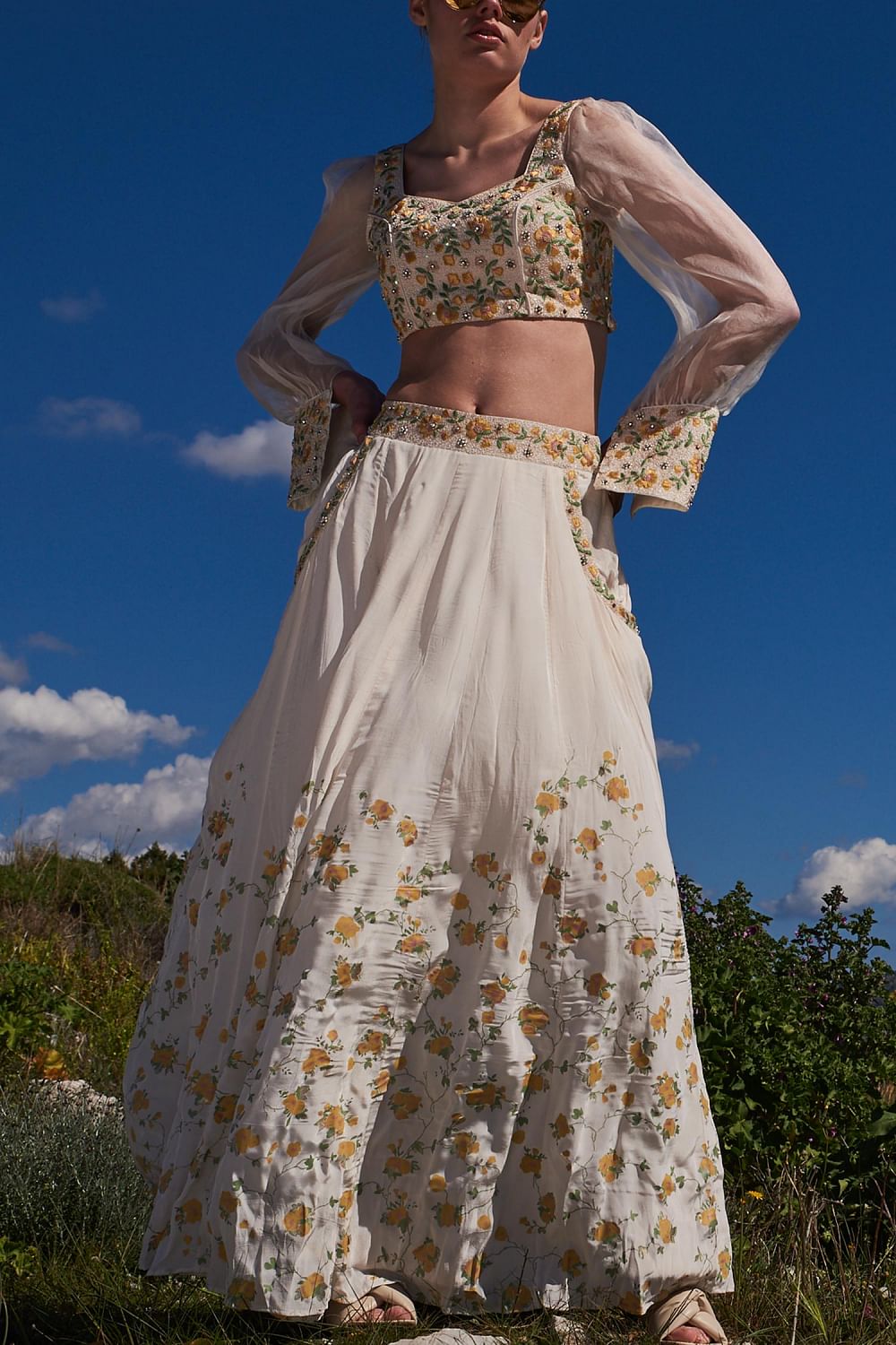 Long skirt with embroidered crop top discount