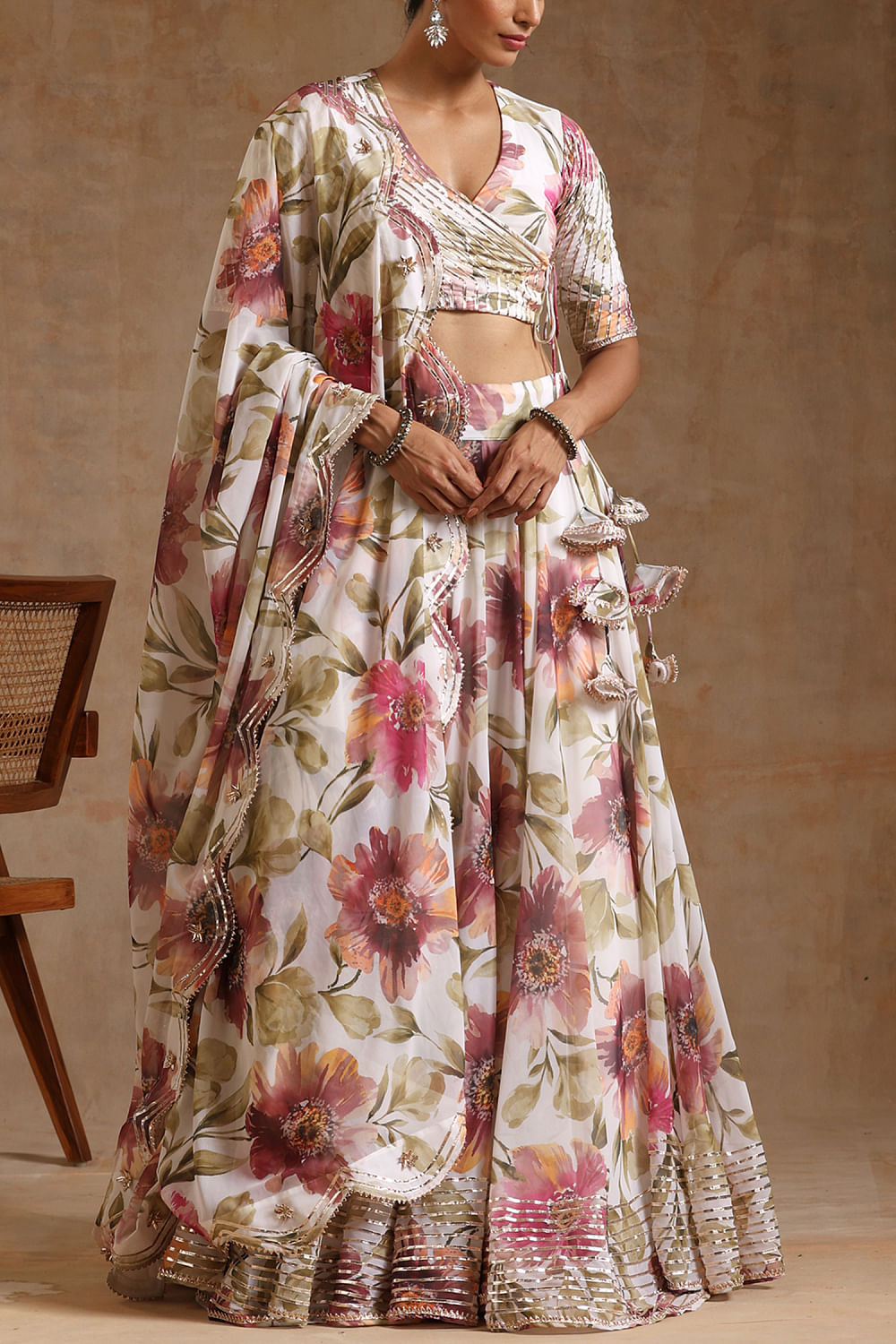 Buy PANIT Women Off White and Orange floral print lehenga choli and dupatta  at Amazon.in