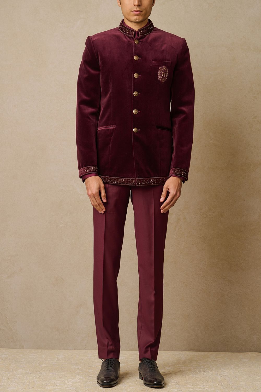 Buy Wine embroidered velvet bandhgala set by Tarun Tahiliani at