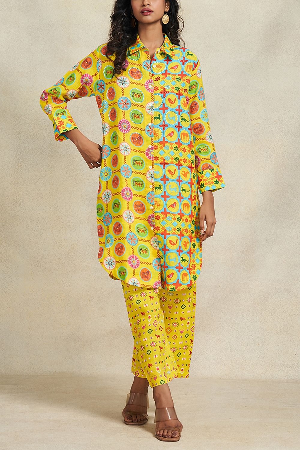 Buy Yellow animal and bird print shirt dress by Gulabo by Abu