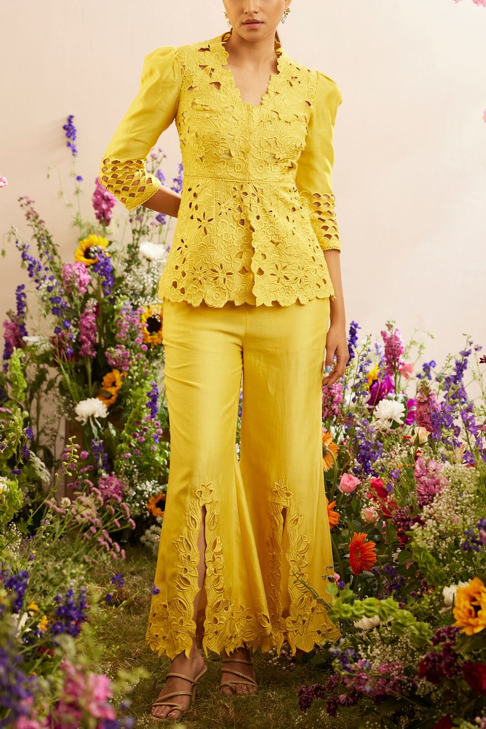 Yellow floral cutwork peplum jacket