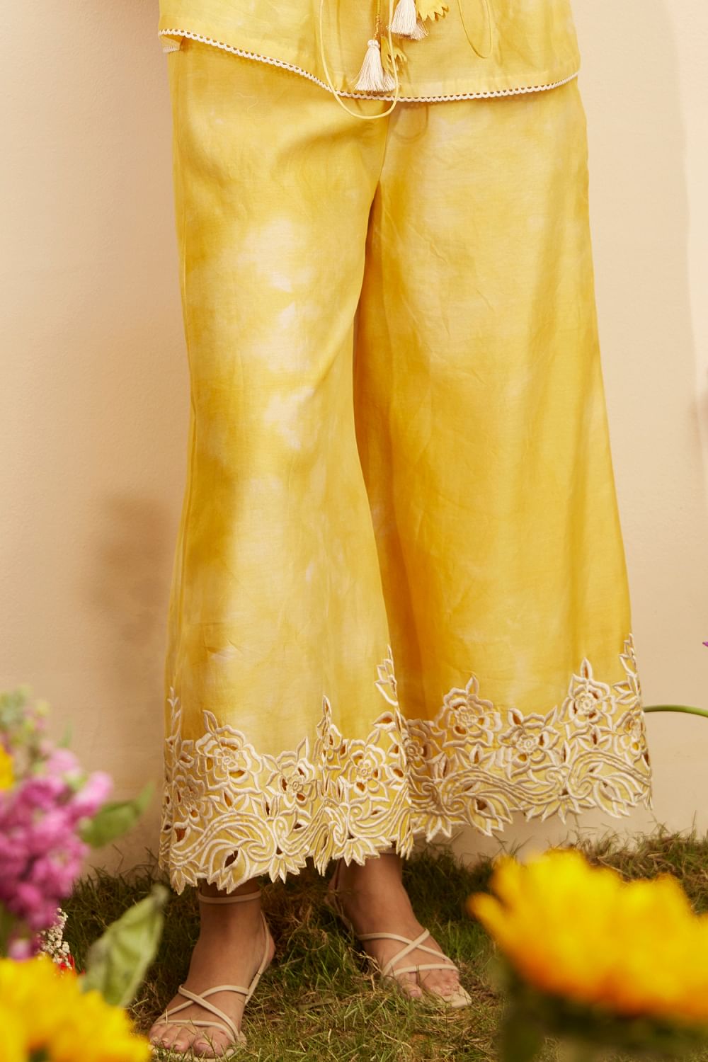 Yellow floral embroidery and cutwork culotte pants