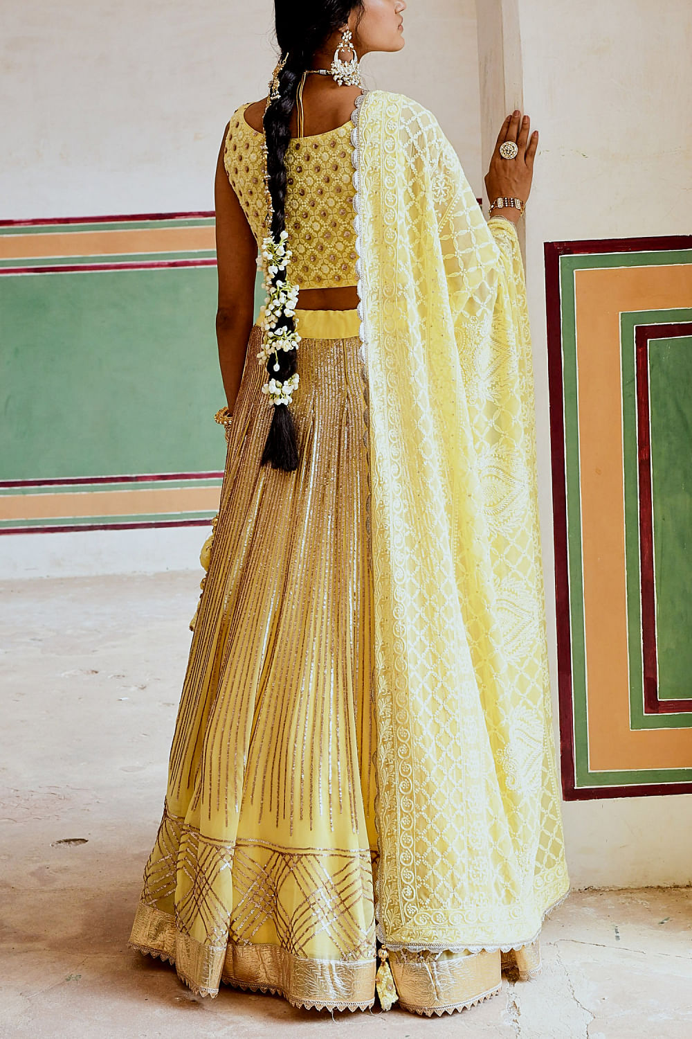 buy yellow sequin and chikankari embroidered kali lehenga set by karaj jaipur kajjun2301 2