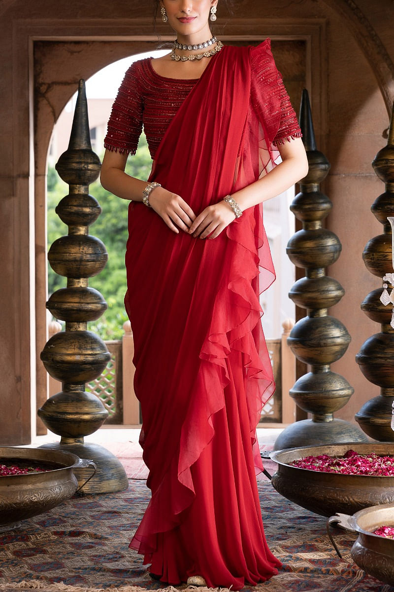 EXCLUSIVE BEAUTIFUL RED FAUX GEORGETTE MOTI WORK AND RUFFLE SAREE WITH FOIL  PAPER WORK BLOUSE – Prititrendz