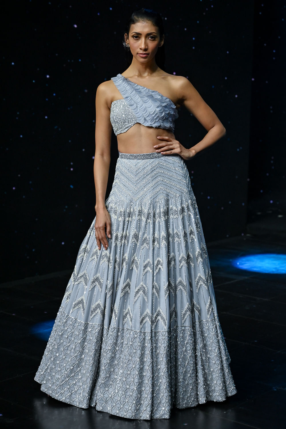 Photo of Pale blue lehenga with silver work for engagement