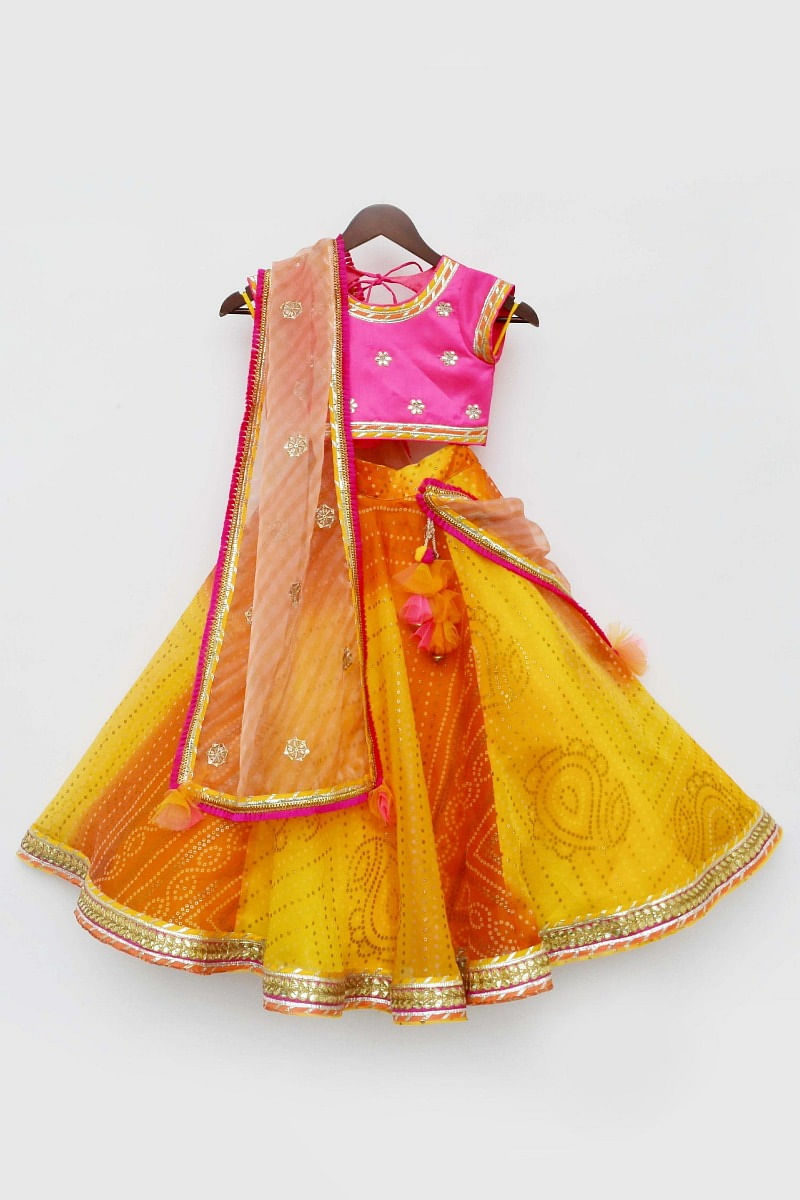 Set of 2 - 'From our memory box' yellow lehenga in cotton floral hand block  print - HappyClouds