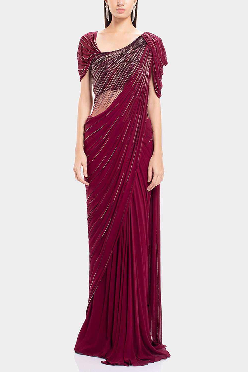 Buy Berry red embellished sari gown by Gaurav Gupta at Aashni and Co