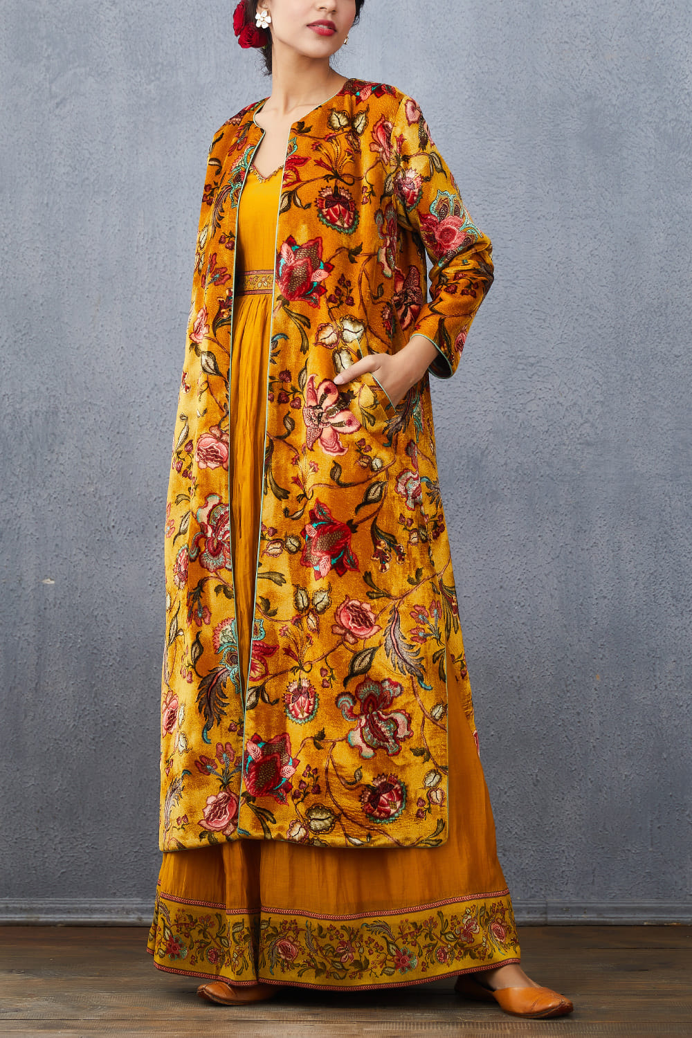 Mustard yellow floral velvet jacket 