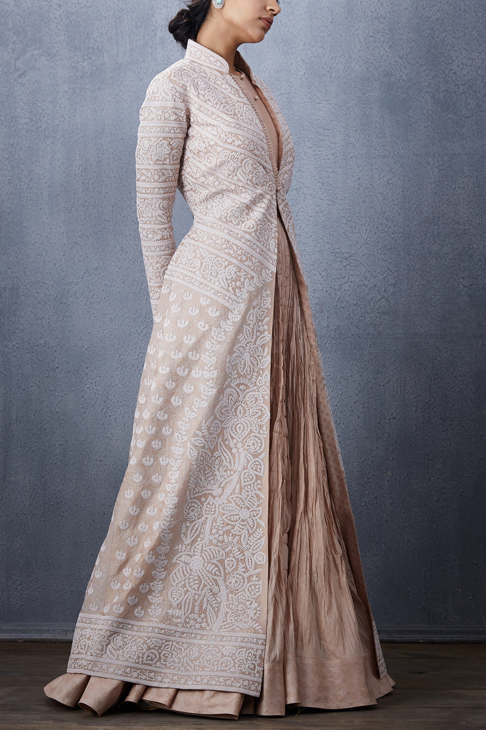 Peach embroidered dress and jacket designed by Torani at AASHNI+CO.
