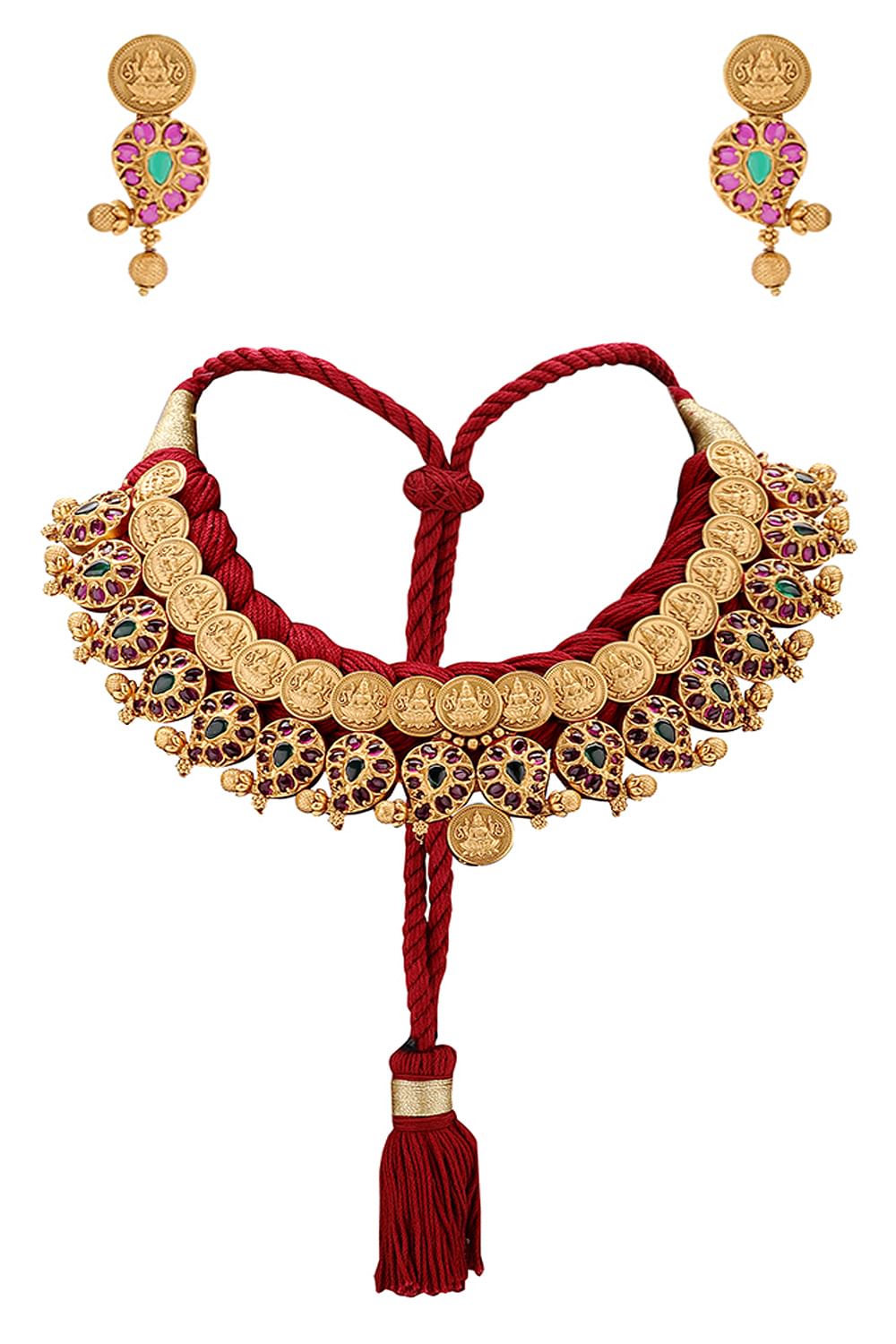 Buy Gold and red resham necklace set by Joules by Radhika at