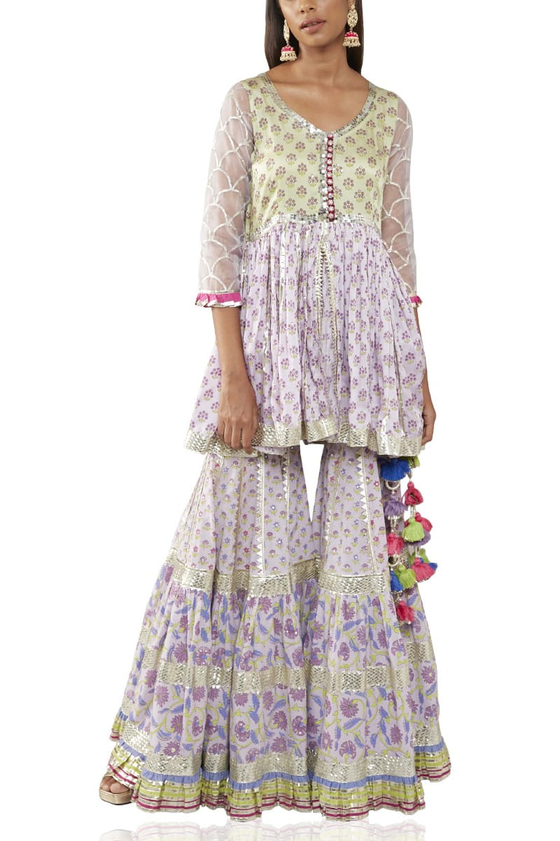 Pink and green sharara set designed by Maayera Jaipur at AASHNI+CO.