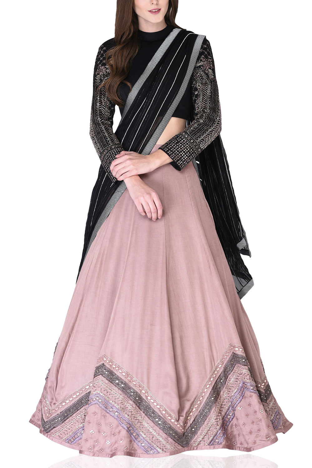 Buy Pink Ethnic Black Georgette Semi-Stitched Lehenga and Unstitched Blouse  with Dupatta (Set of 3) online