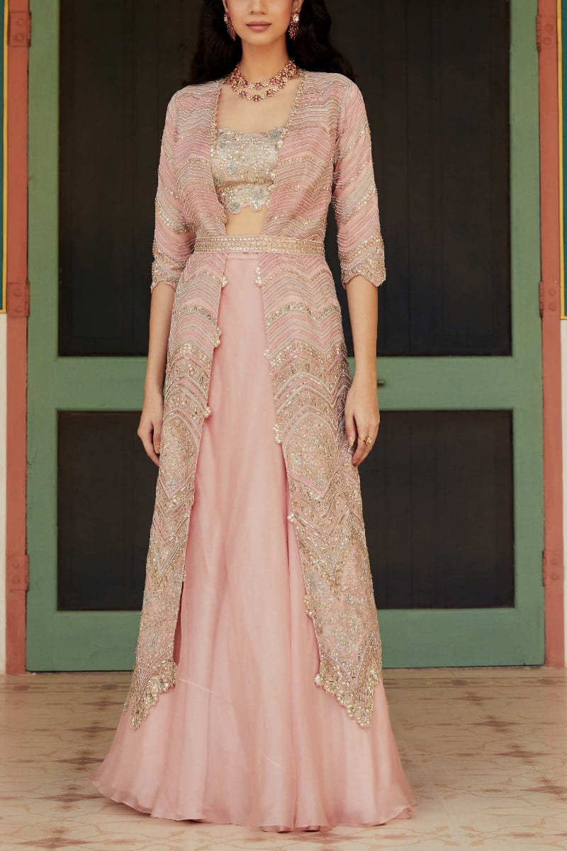 Rose pink organza jacket set designed 