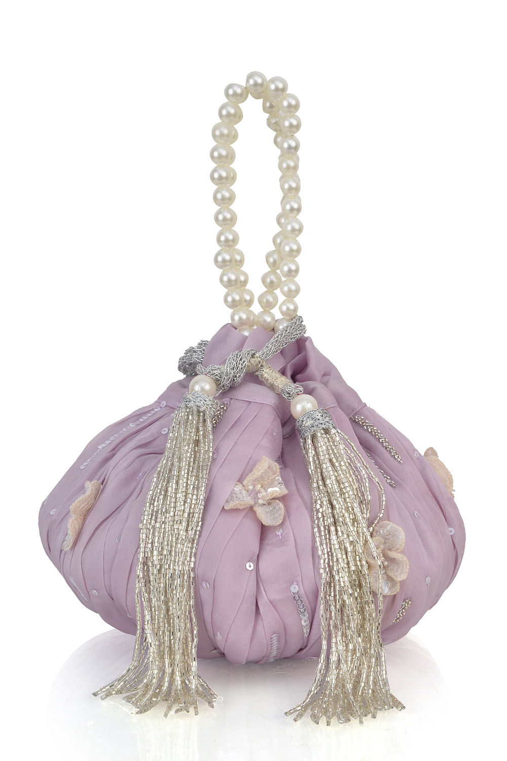 Buy Lilac floral embellished potli bag by Ozel at Aashni and Co