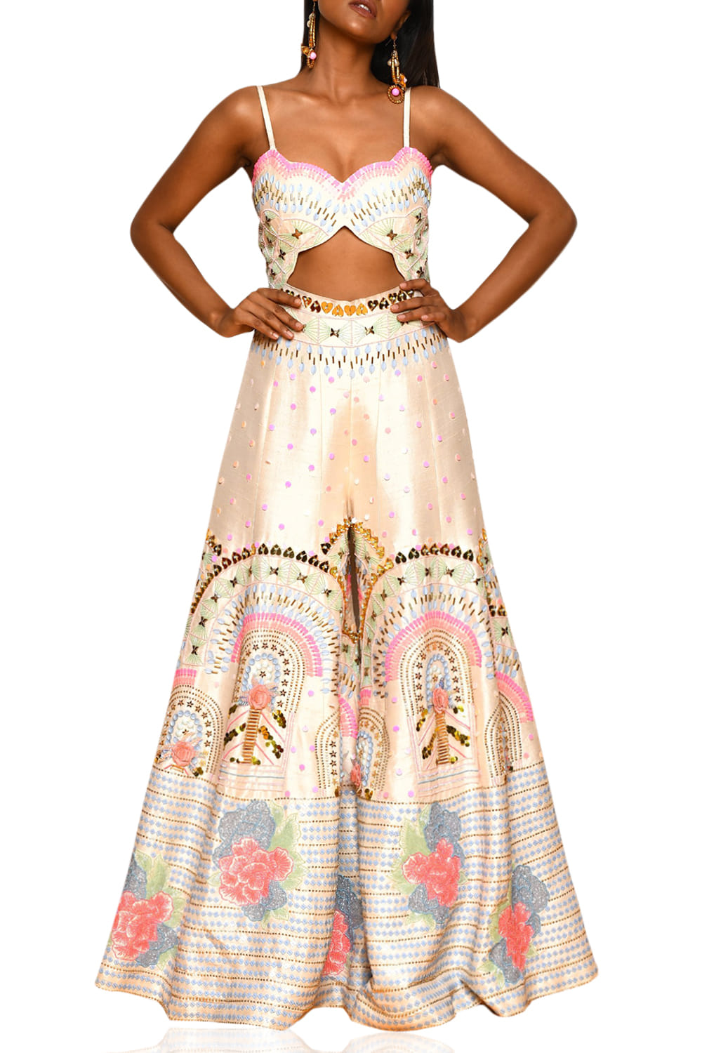 Ivory embellished silk jumpsuit designed by Papa Don't Preach at AASHNI+CO.