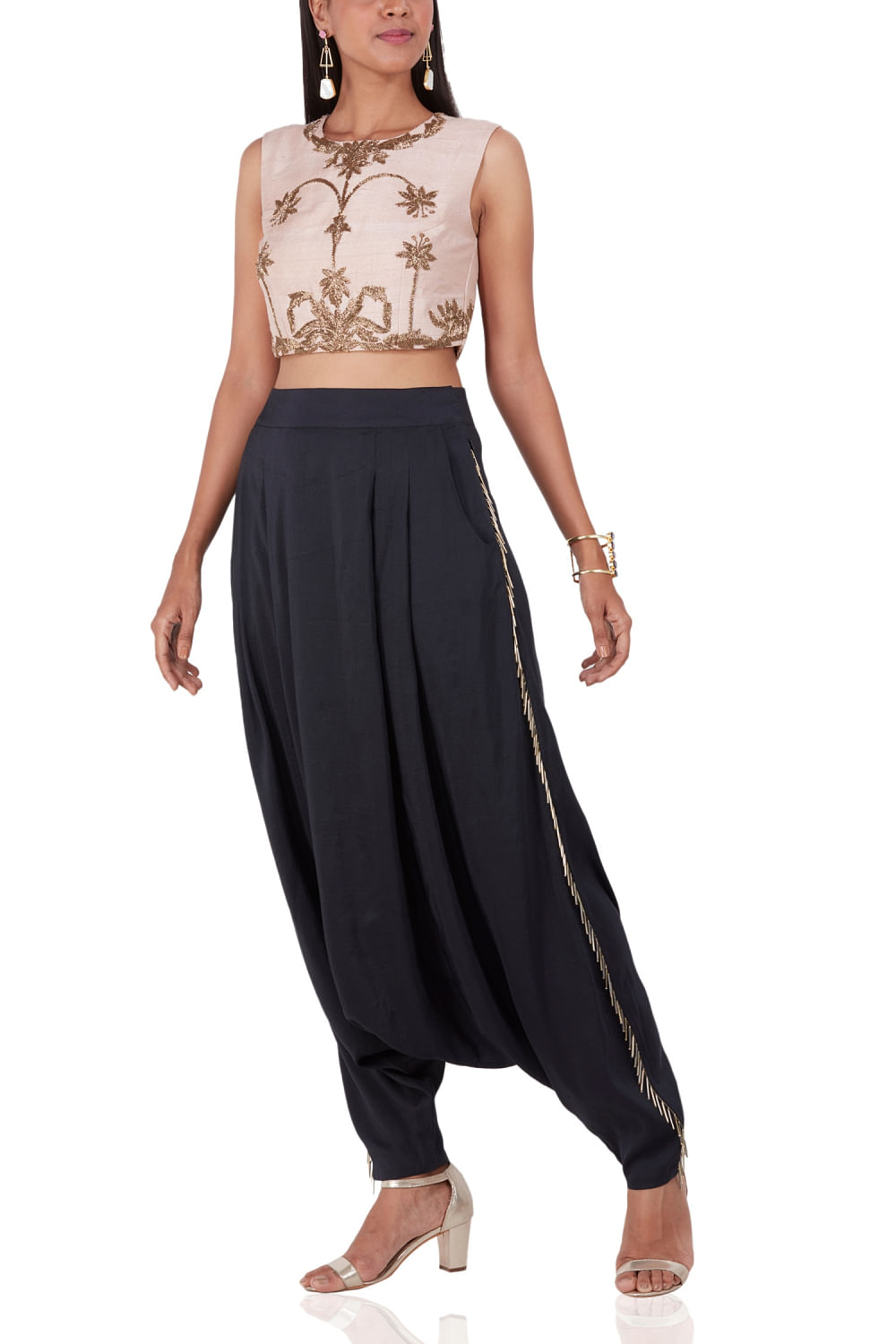 Set Of 2 Mulmul Cotton Tan Brown Crop Top With Knotted Belt And Dhoti   TJORI