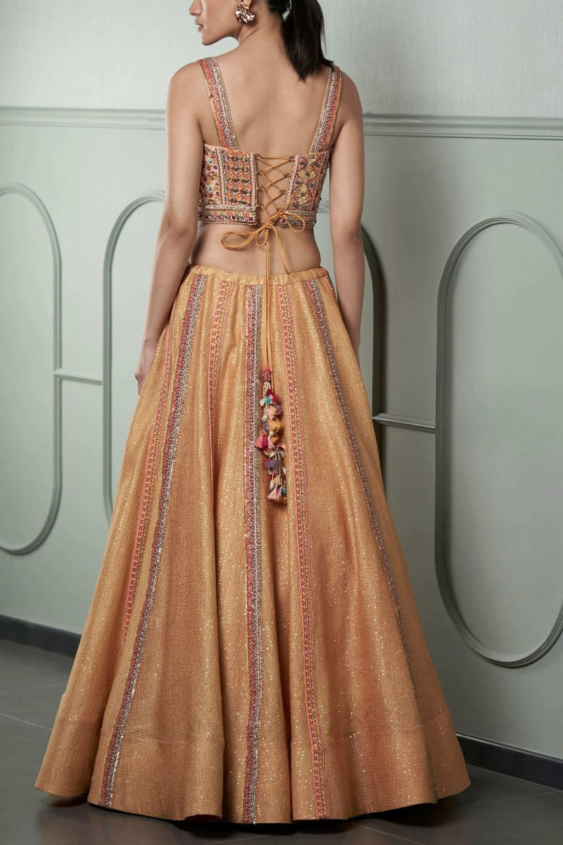 Yellow embellished lehenga set designed by Qbik at AASHNI+CO.