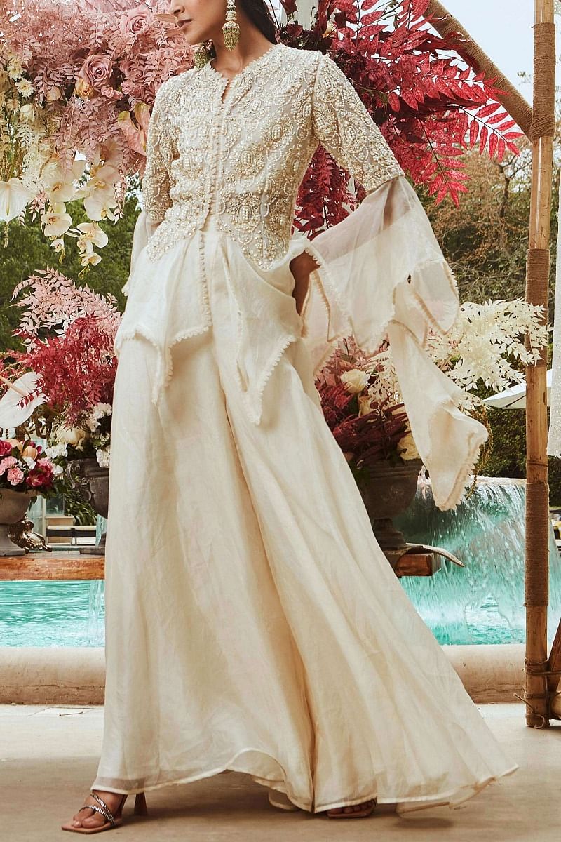 Buy Ivory embroidered peplum jacket set by Ridhima Bhasin at