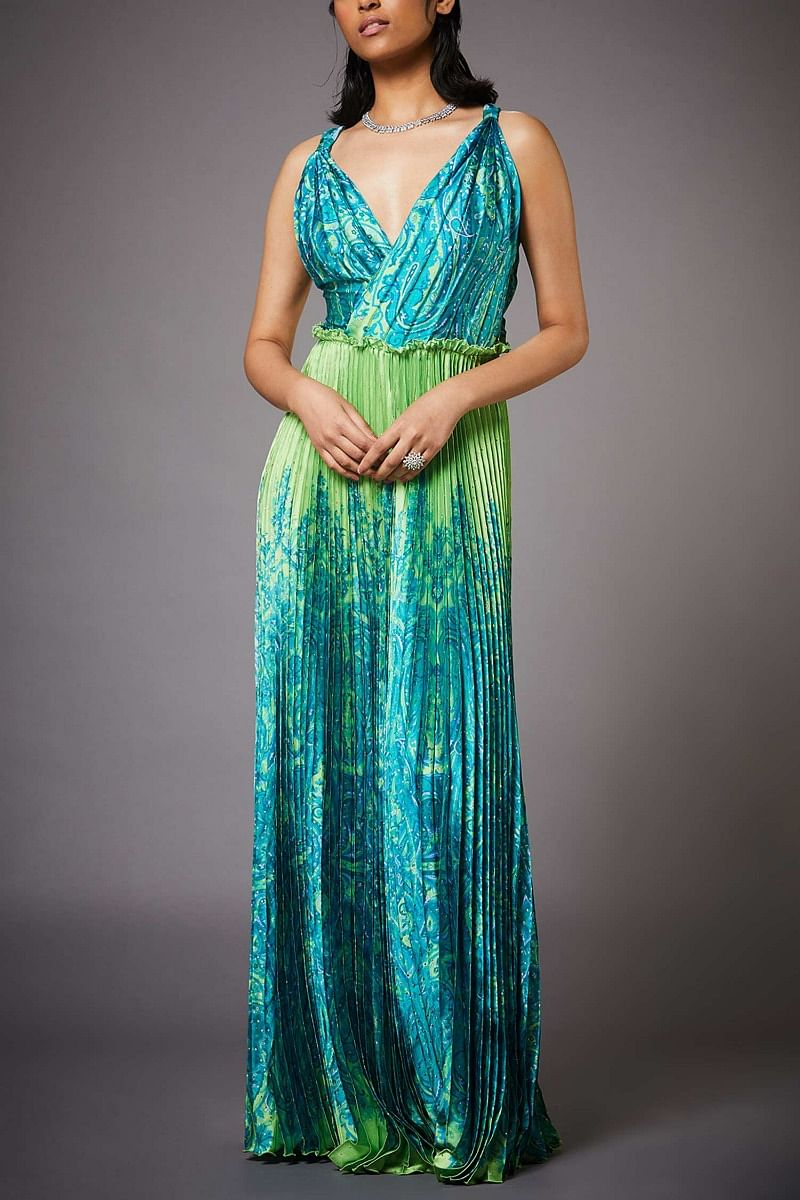 Buy Turquoise printed dress by Ritu Kumar at Aashni and Co
