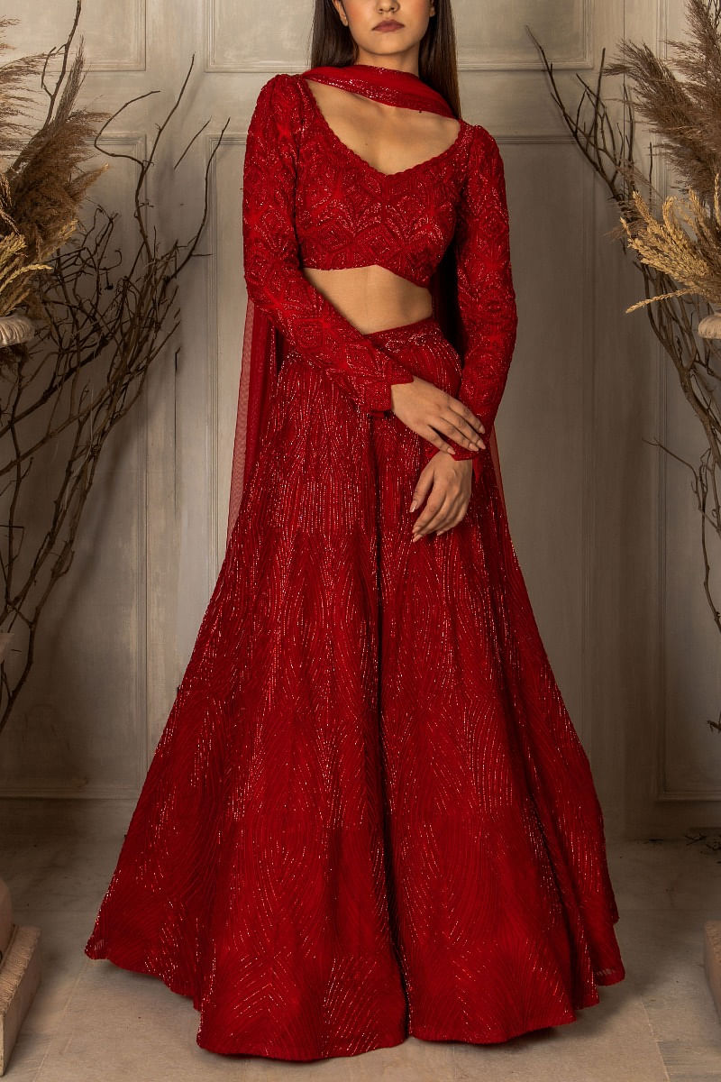 Buy Red Organza Embroidery Cutdana Sweetheart Neck Lehenga Set For Women by  Sonia Bansal Online at Aza Fashions.