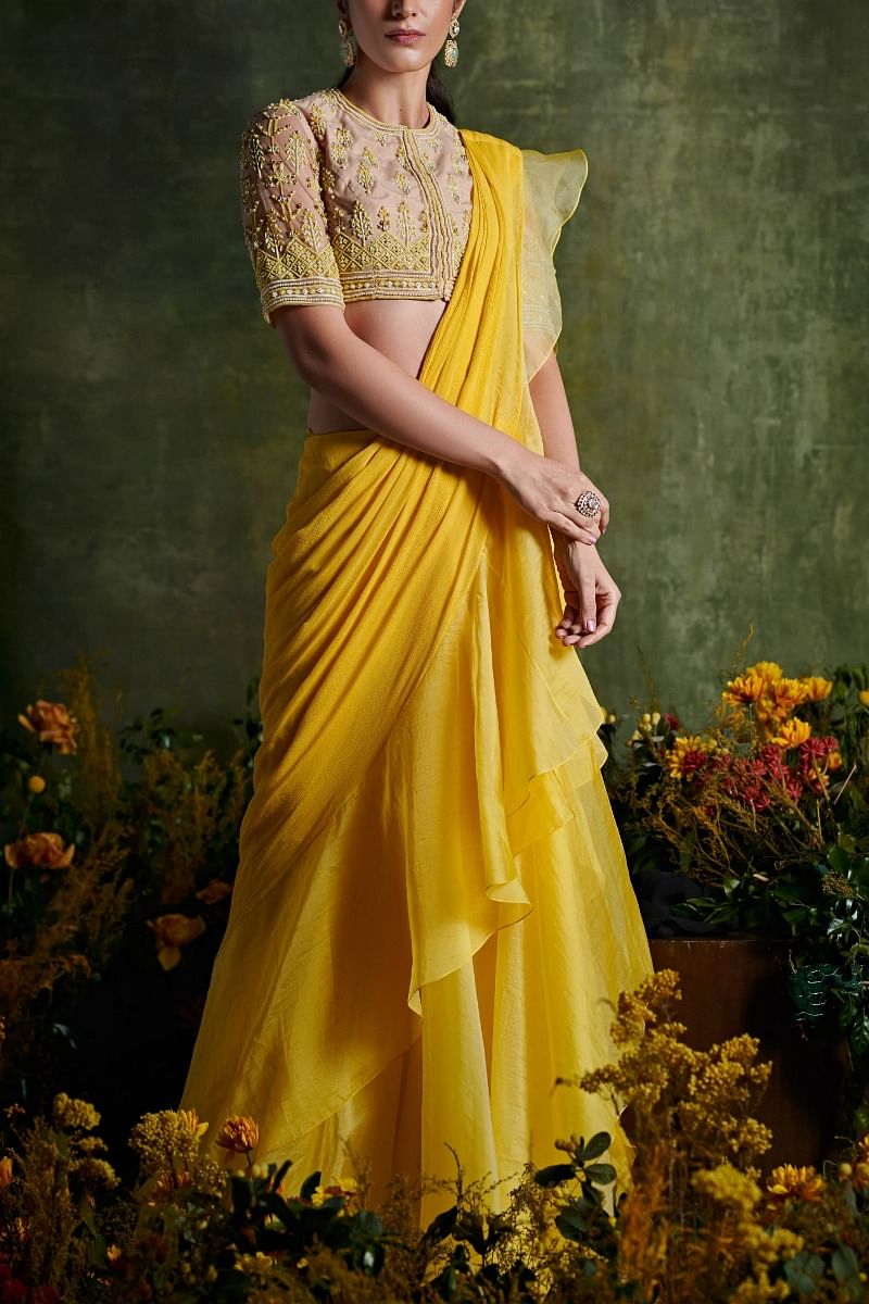 Yellow saree gown discount