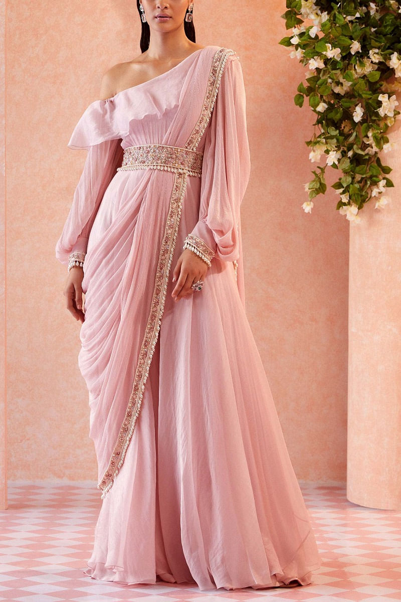 Buy Light pink ruffled jumpsuit by Ridhi Mehra at Aashni and Co