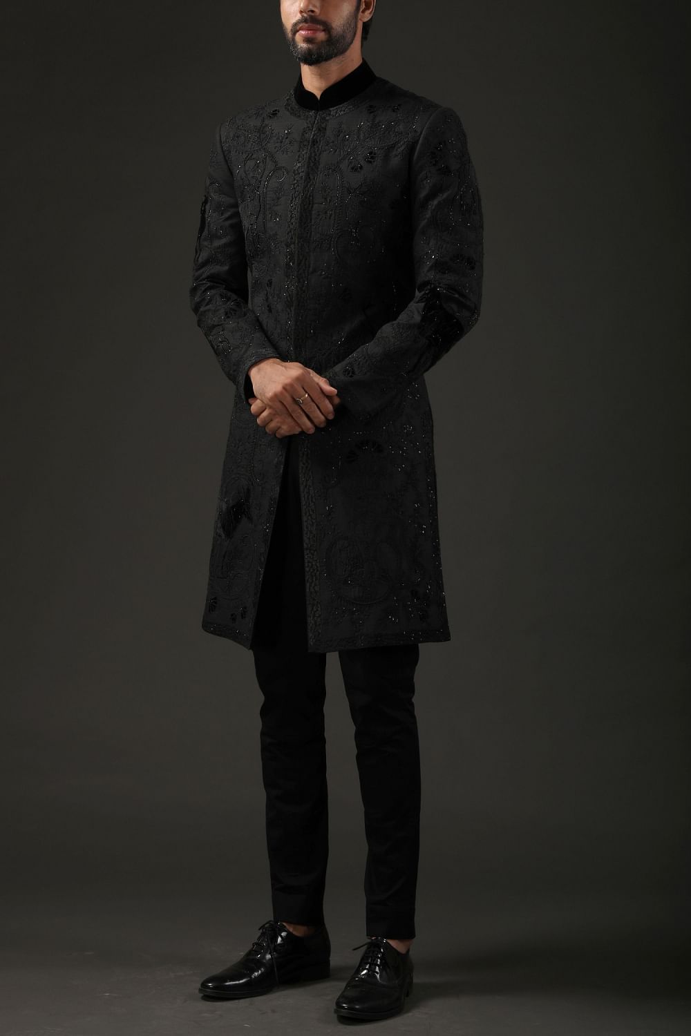 Buy Velvet Applique Black Silk Sherwani By Rohit Bal At Aashni And Co