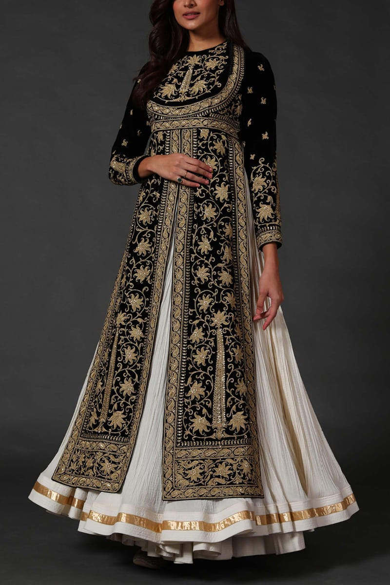 Black velvet anarkali set designed by Rohit Bal at AASHNI+CO.