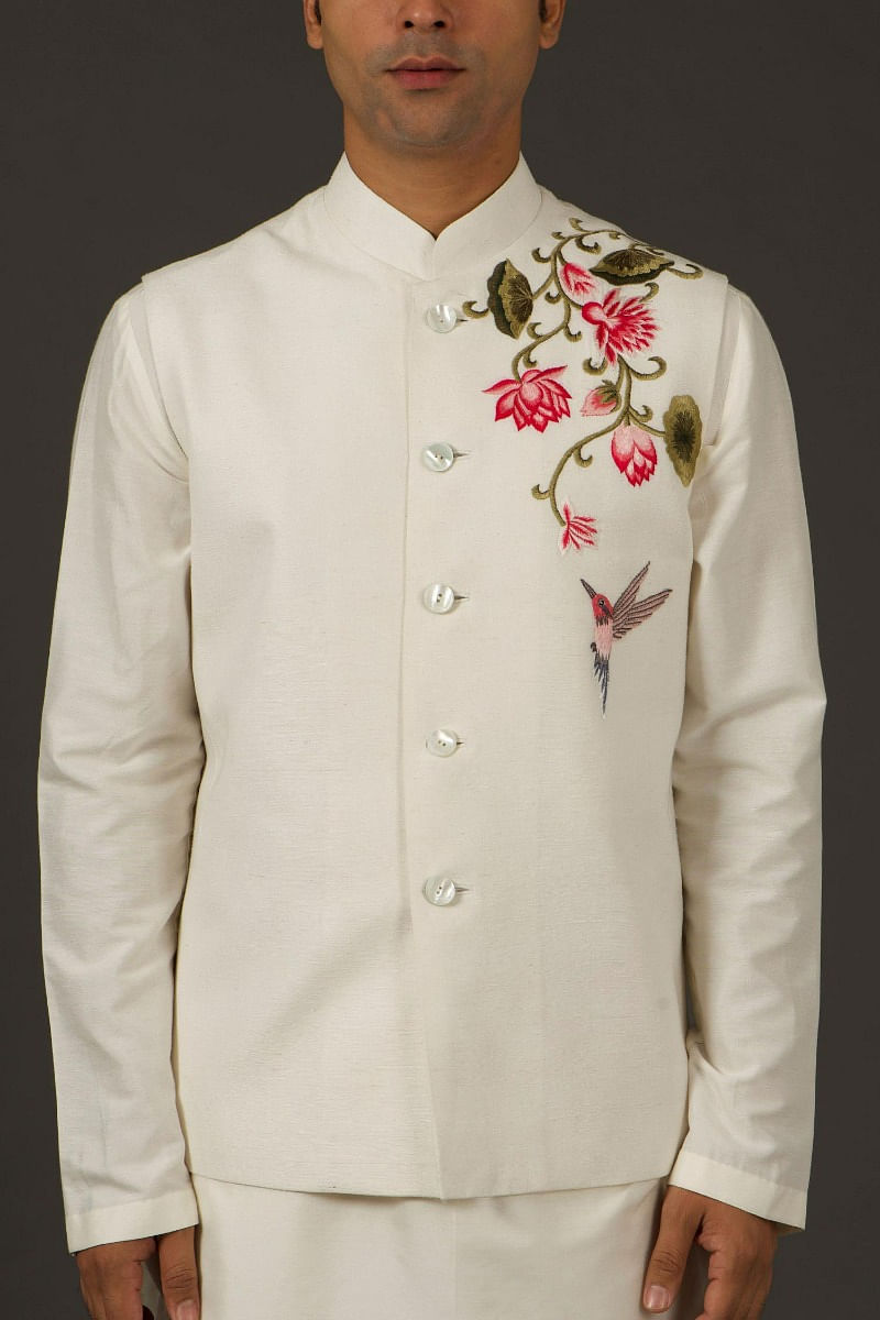 Buy Floral Ivory Embroidered Nehru Jacket by Rohit Bal at Aashni