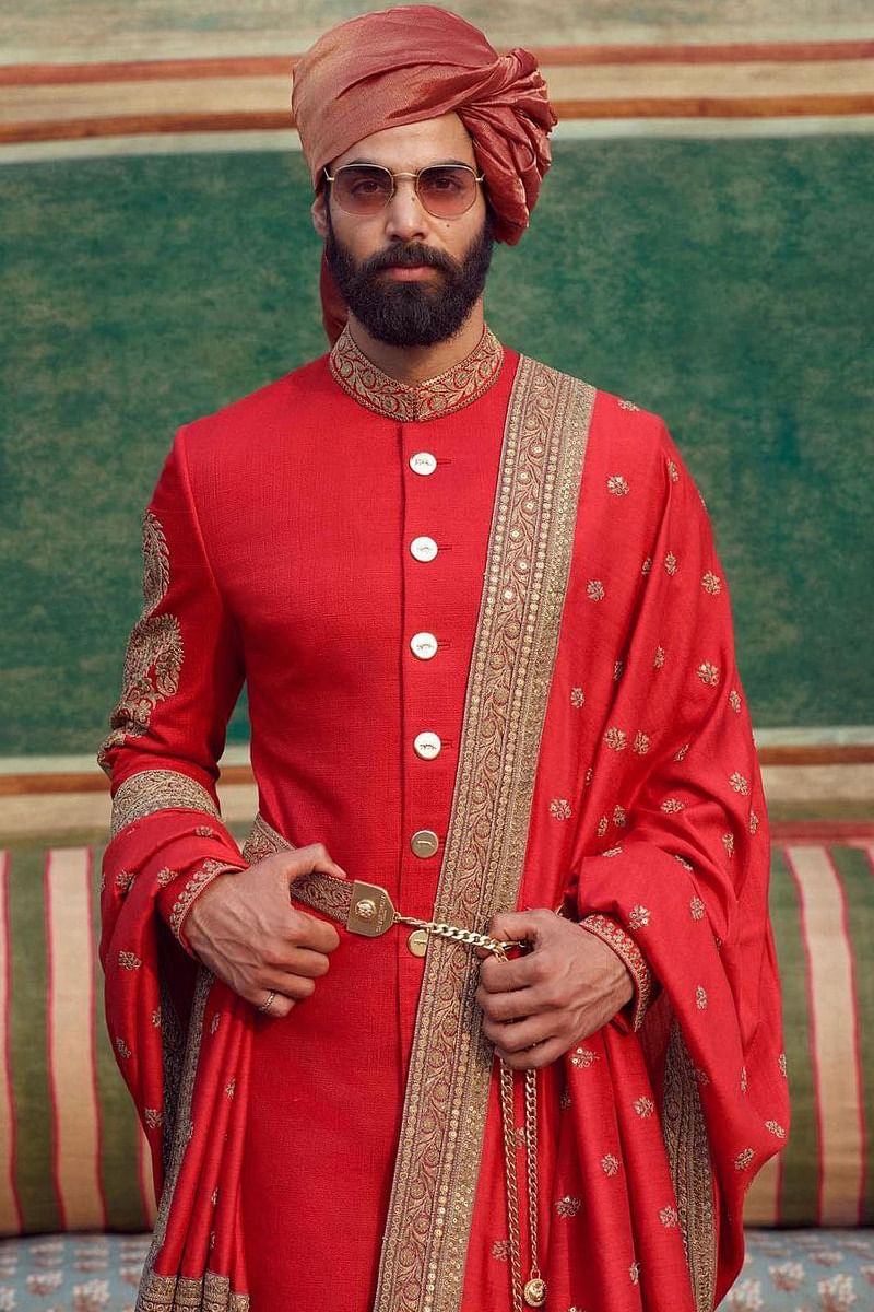Red sherwani with paisley sleeve