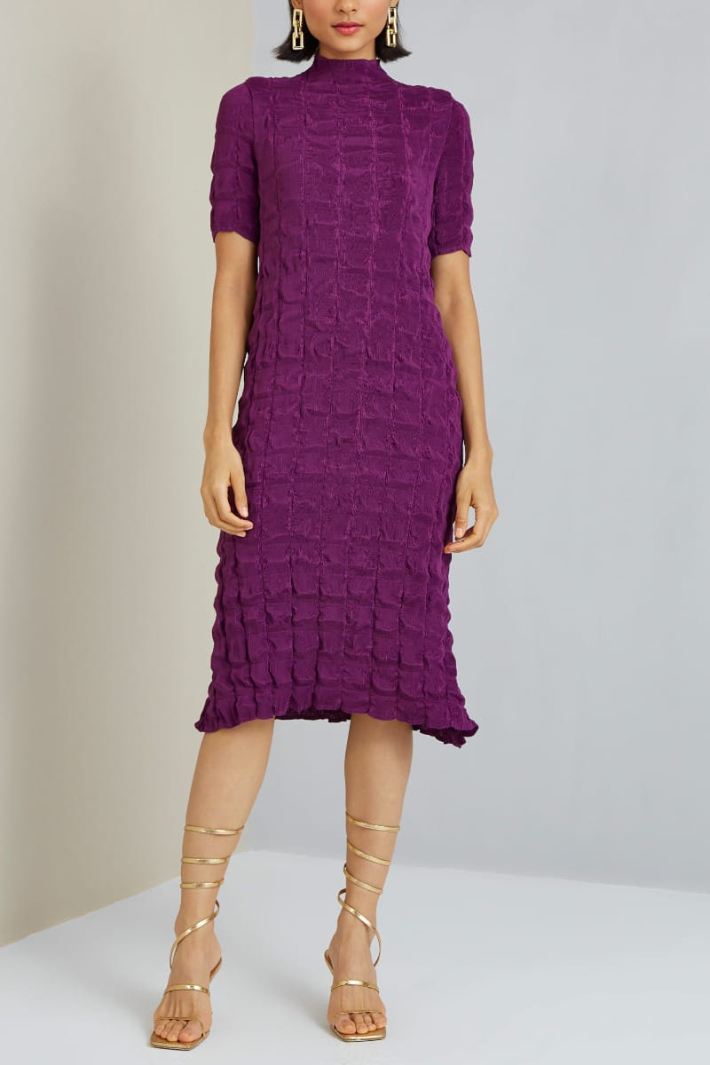 Purple high neck dress designed by Scarlet Sage at AASHNI+CO.