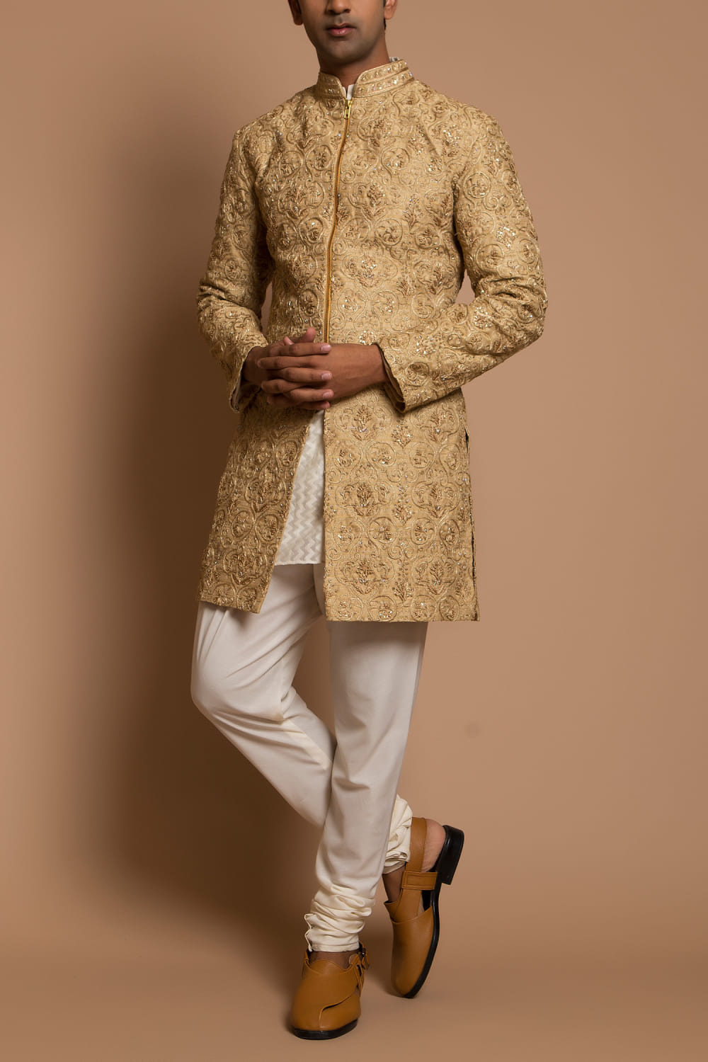 Beige and ivory embellished sherwani 