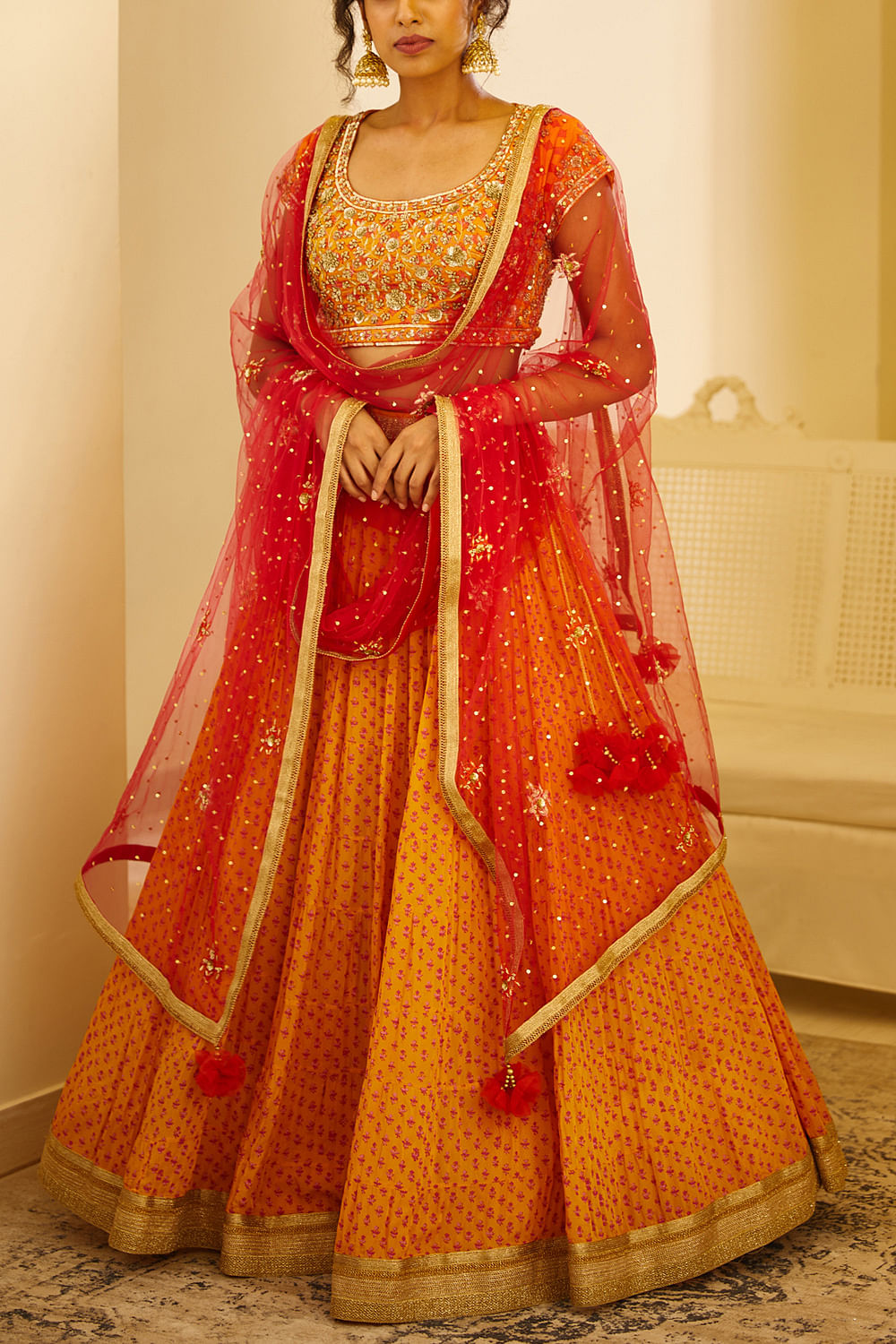 Beautiful Saffron Orange Lehenga With Heavy Hand Embroidery From Banar –  Zari Banaras