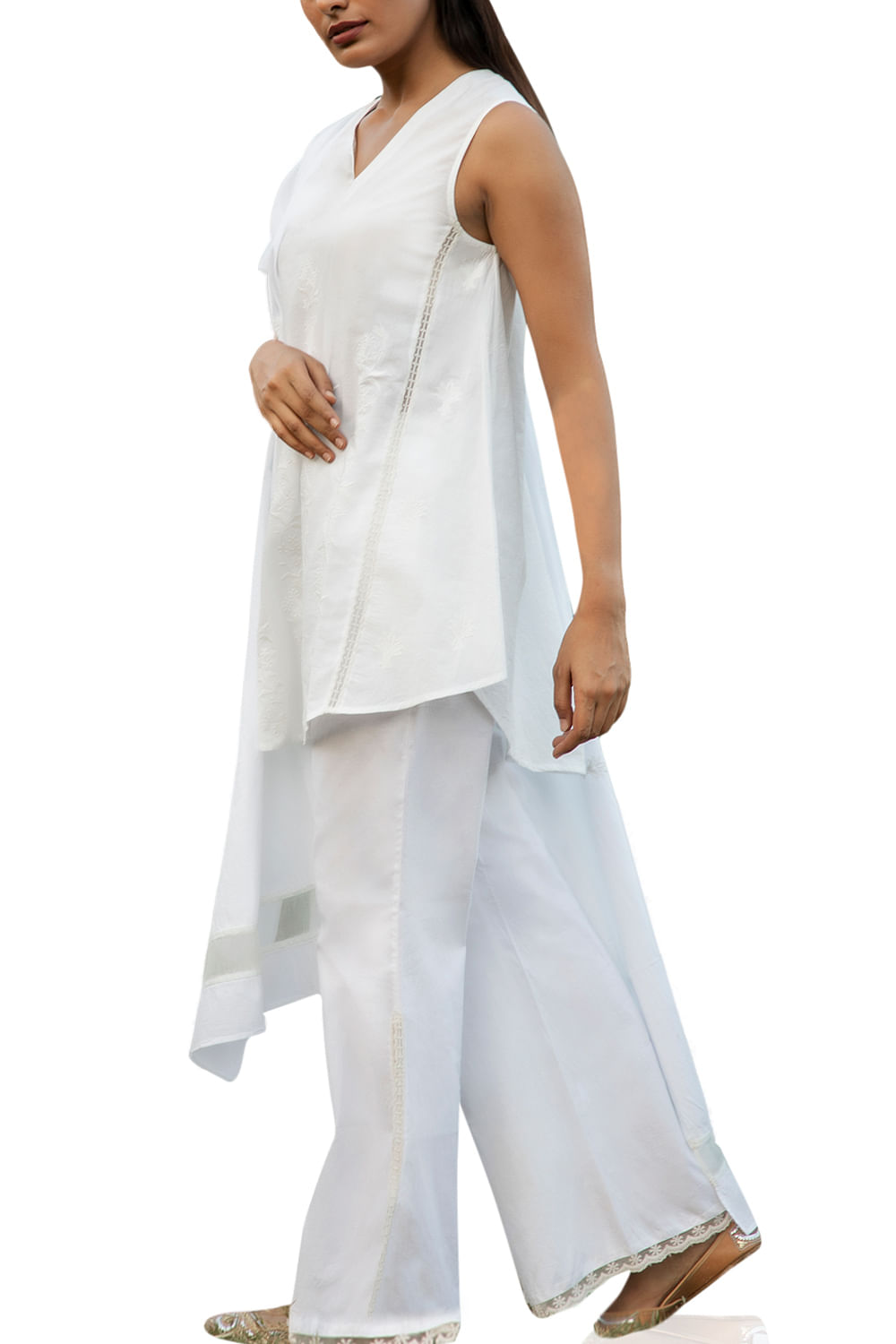 White and Blue Angrakha Cotton Kurti Pant Set with Dupatta | Hamari Dharohar