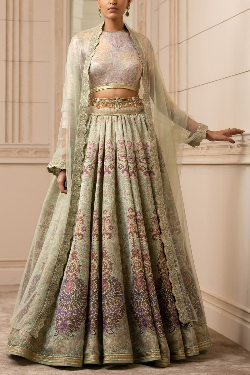 Buy Emerald Green Sheer Silk Embroidered Floral Pattern Bridal Lehenga Set  For Women by Tarun Tahiliani Online at Aza Fashions.