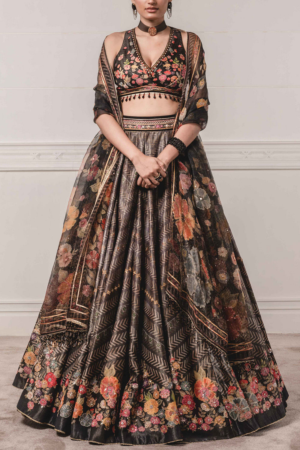 Embroidered Net Lehenga in Brown : LHT34