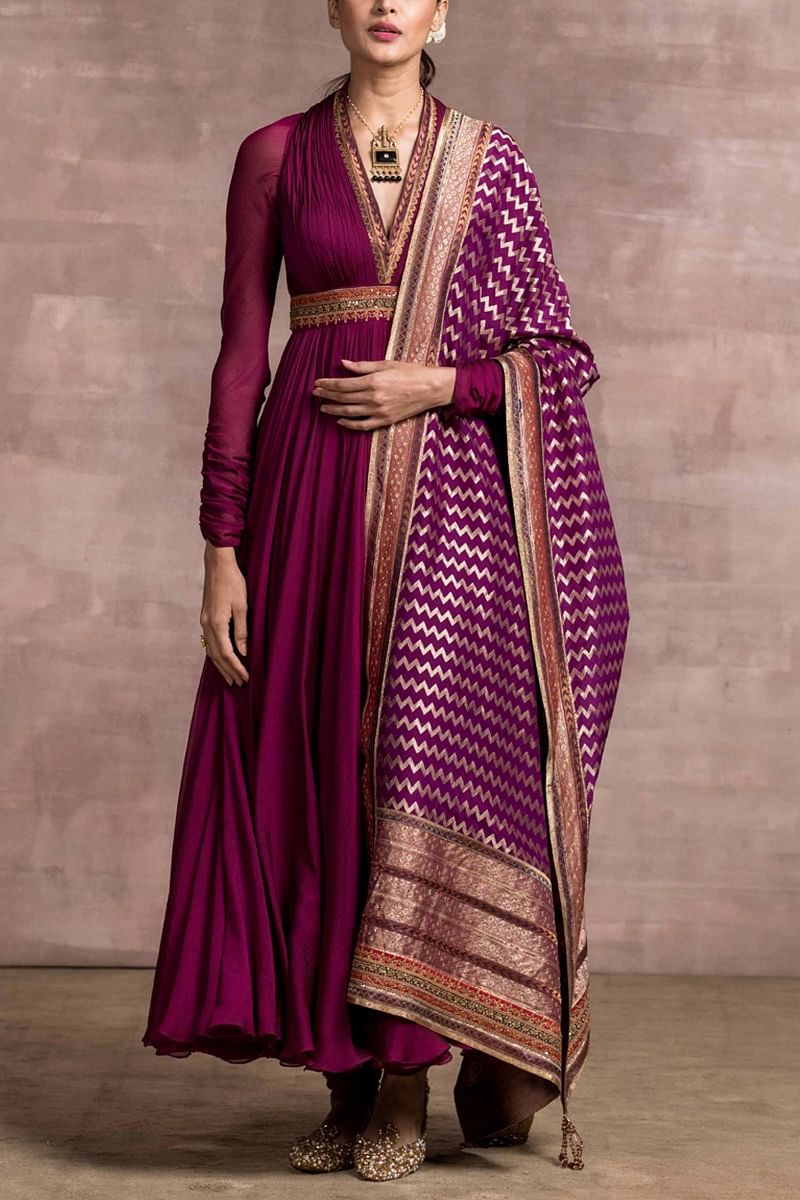 Buy Wine draped anarkali set by Tarun Tahiliani at Aashni and Co