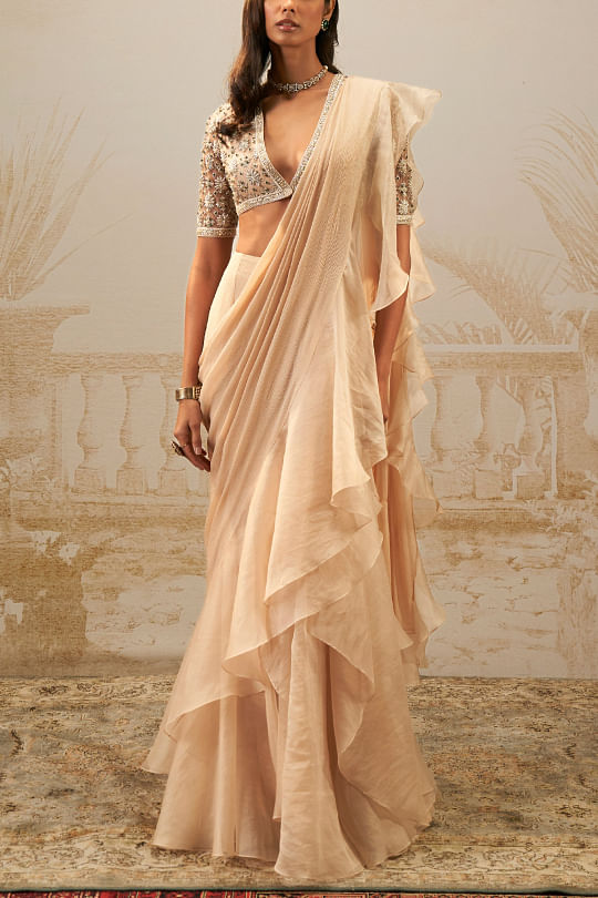 buy beige pre draped ruffle sari set by ridhi mehra rmhfeb2415 2