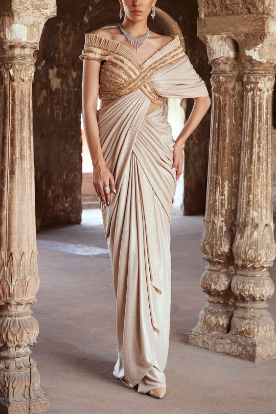 Buy Pre-Draped Saree Gown by Mandira Wirk at Aza Fashions | Saree gown,  Draped saree gown, Peach saree
