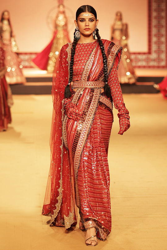 buy orange and gold sequin embroidered sari set by nitya bajaj nibmar24d114 1