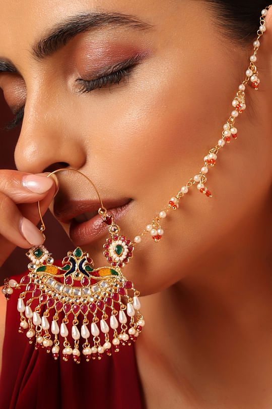 Kundan & Pearl Royal Bridal nose Ring – Sanvi Jewels