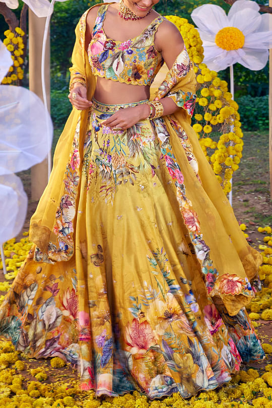 Yellow Digital Floral Print Pleated Lehenga Choli Latest 2955LG05