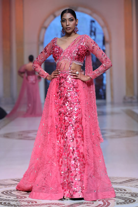 Peach-Rainbow Tulle Embellished Gown Design by Neeta Lulla at Pernia's Pop  Up Shop 2024