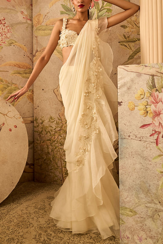 Buy Ivory Georgette Ruffle Drapped Saree Set Online in USA – Pure Elegance