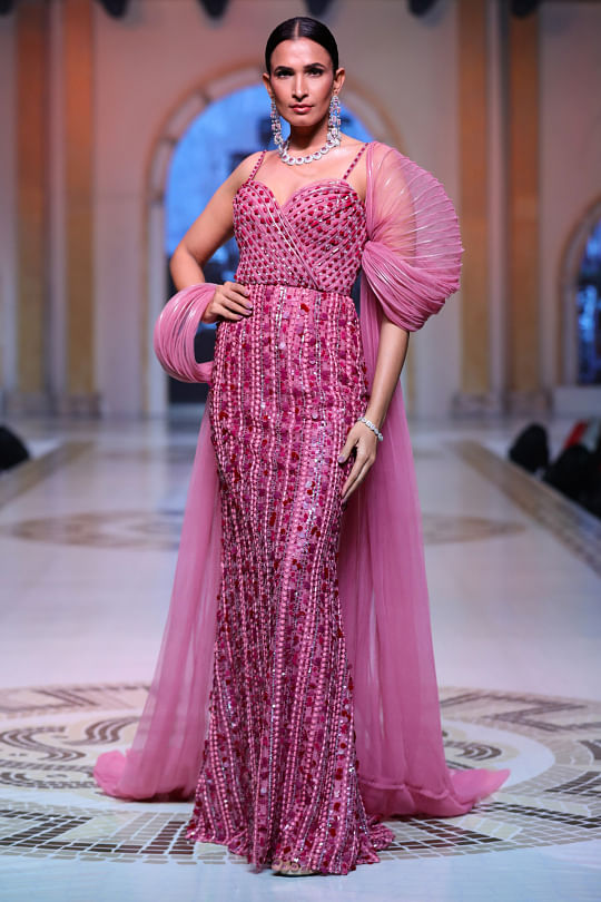 Buy Onion pink 3D floral embellished tulle gown by Neeta Lulla at Aashni  and Co