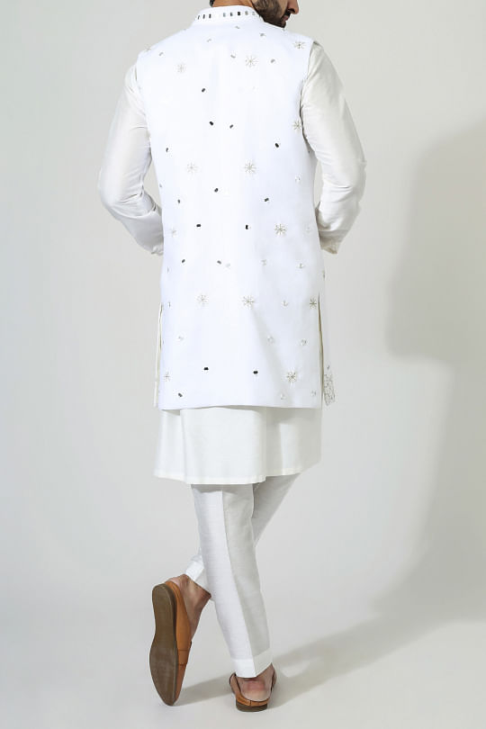 Texture Pants With Neck Kurta With Open Zari Grey Jacket Set –  Puneetkapoorlabel