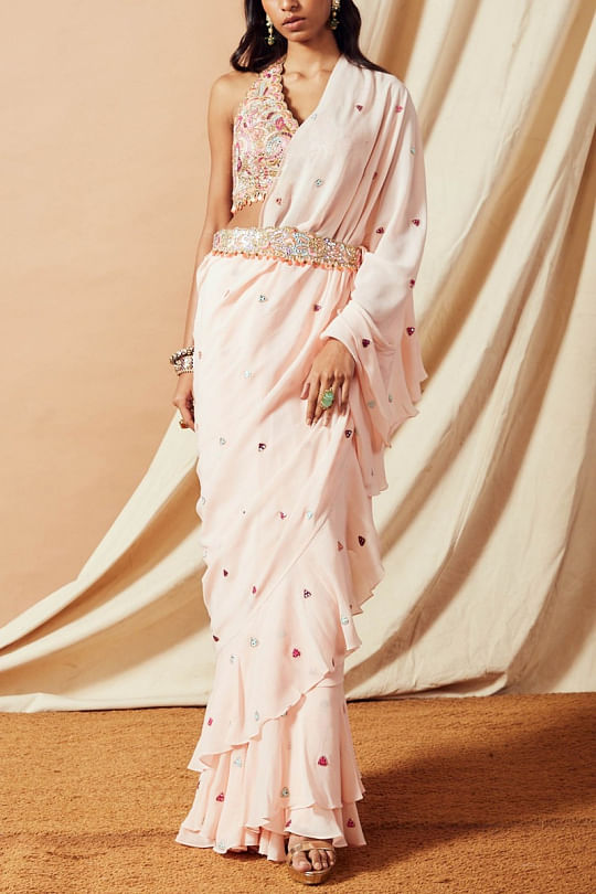 Peach Georgette Embroidered Choli With Dot Mukaish Georgette And Net Frill  Saree