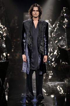 Buy Pacific blue long velvet jacket by Rohit Gandhi Rahul Khanna